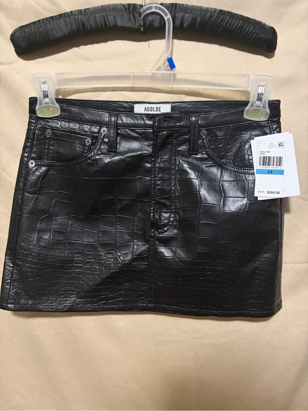 Agolde Black Croc-Embossed Faux Leather Mini Skirt